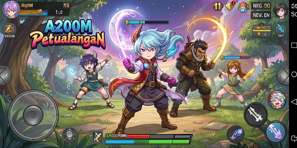 Screenshot A200M menampilkan karakter anime dalam aksi pertempuran yang dinamis.