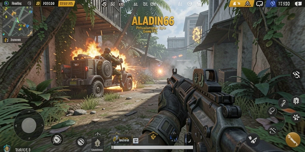 Screenshot gameplay ALADIN66 menunjukkan aksi tembak-menembak yang intens.