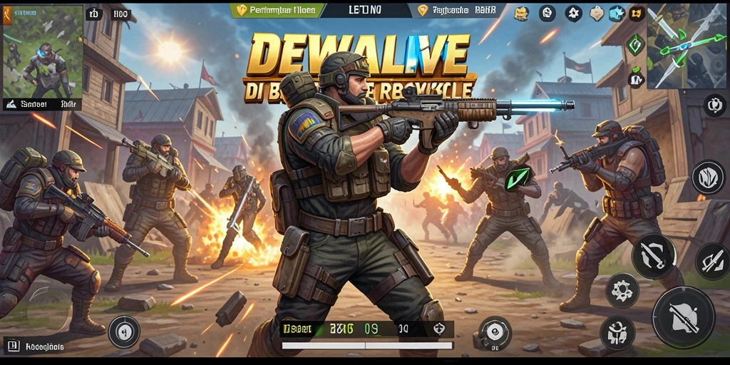 Tangkapan layar gameplay <strong>DEWALIVE</strong> menampilkan aksi seru di medan perang Battle Royale.