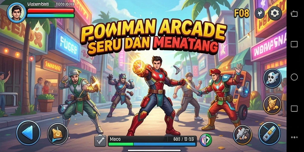 Screenshot gameplay FO8 menampilkan aksi arcade yang seru dan penuh warna.