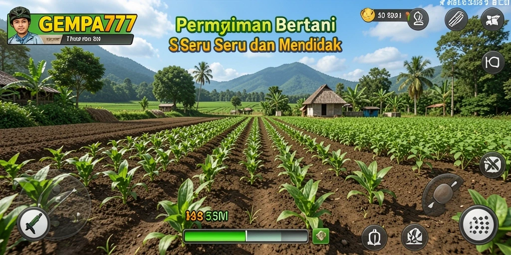 Screenshot GEMPA777 menampilkan ladang pertanian yang indah dan aktivitas petani.
