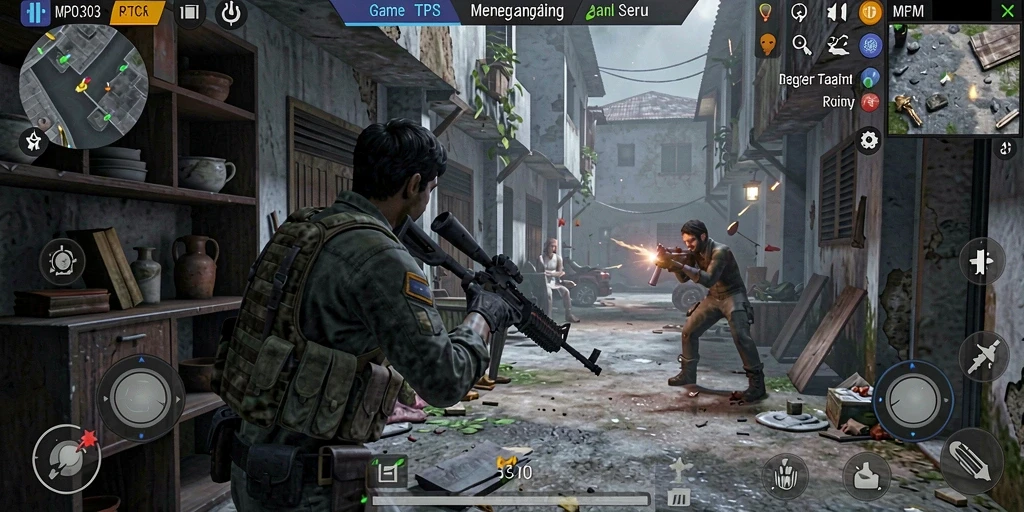 Screenshot gameplay MPO303 menampilkan aksi seru dalam pertempuran TPS.