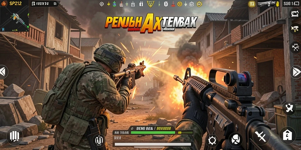 Tampilan dinamis gameplay SP212 dengan aksi tembak-menembak yang mendebarkan.
