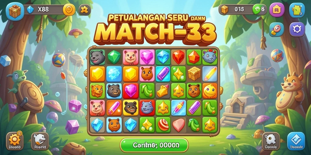 Screenshot utama X88 menunjukkan gameplay Match-3 yang menantang dan ceria.